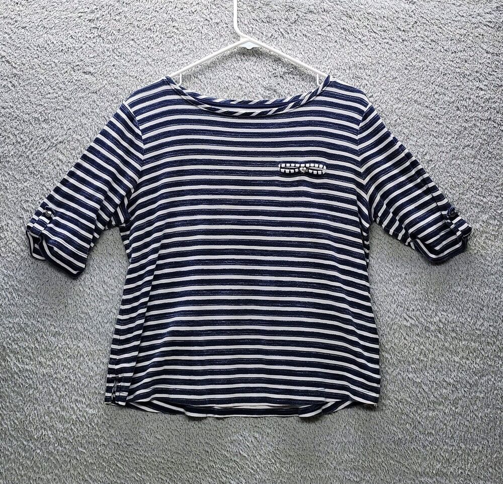 Croft Barrow L Blue White Stripe 3 4 Sleeve Top Pocket Boatneck